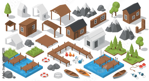 Isometric outdoor elements with cabins, piers, and nature for design projects