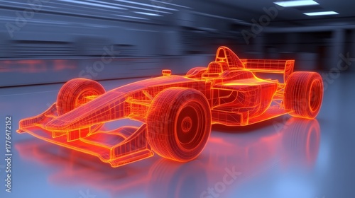Futuristic glowing wireframe race car model displayed in a high-tech, modern environment.
