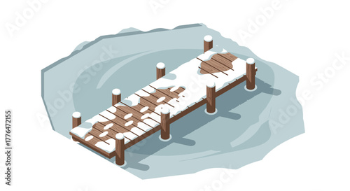Isometric snowcovered wooden pier over frozen lake in winter scene