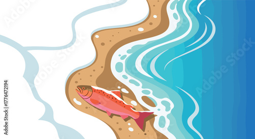 Beach scene with salmon on sandy shore and ocean waves