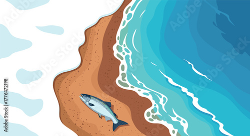 Salmon on beach shoreline with ocean waves in flat design style