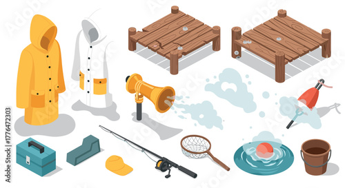 Isometric fishing gear collection with raincoat and wooden docks