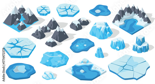 Isometric ice and snow landscapes with mountains and cracks