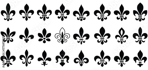 French Heraldic Lily Collection,  Fleur-de-lis silhouettes and ornamental floral icons representing royalty, nobility, and classic European insignia designs.