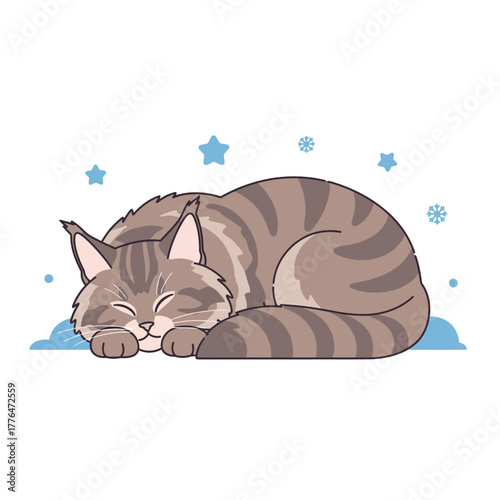 A charming illustration of a peaceful tabby cat curled up and fast asleep amidst gentle falling snowflakes and twinkling stars, embodying winter comfort and serene dreams
