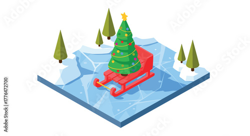 Isometric winter scene with christmas tree and sleigh on ice rink