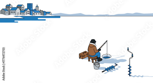 Winter ice fishing scene with village in minimalist design