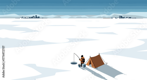Minimalist ice fishing scene with tent in winter landscape