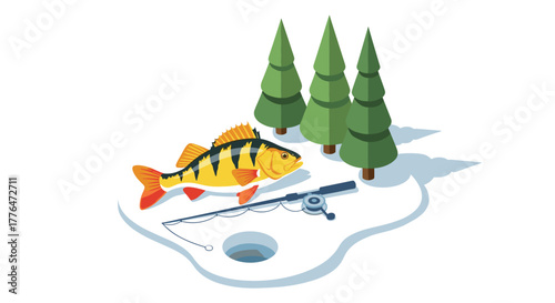 Isometric ice fishing scene with fish, trees, and fishing rod on snow