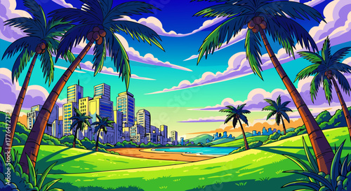 Vibrant Tropical Cityscape With Palm Trees Overlooking a Sunny Beach and Ocean Horizon
