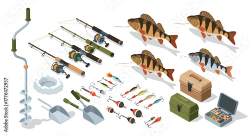 Fishing gear and fish set with isometric equipment for winter and summer angling