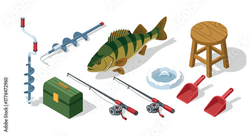 Ice fishing essentials gear, auger, and fish in isometric design