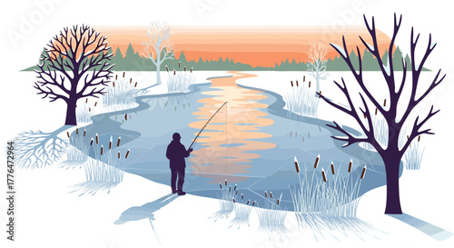 Winter fishing scene with silhouette angler beside frozen river at sunset