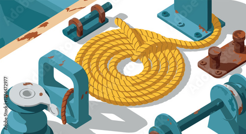 Nautical equipment on a boat deck with rust and rope in isometric style