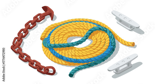 Isometric nautical elements with colorful rope, chain, and cleats