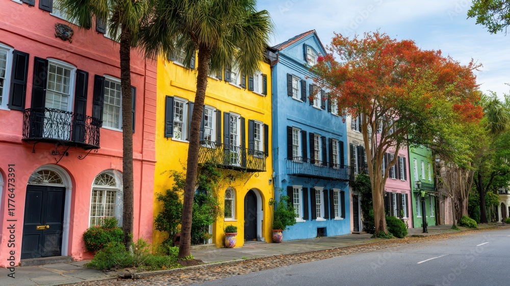 Naklejka premium Charleston Neighborhood: A Touristic Journey Through Colorful Colonial Architecture in the Heart of the South Carolina History