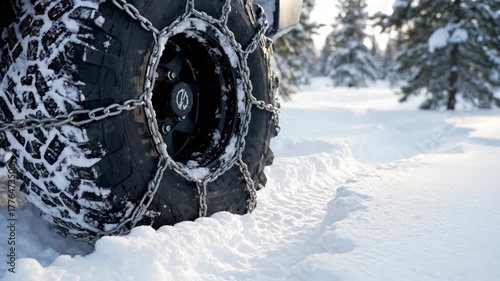 Close-up of a vehicle tire with snow chains driving through deep snow. Off-road wheel providing traction in a winter forest. Extreme weather safety concept