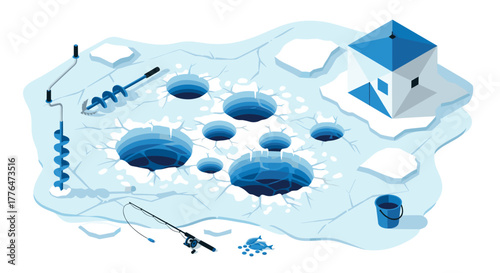 Isometric ice fishing scene with equipment on frozen lake