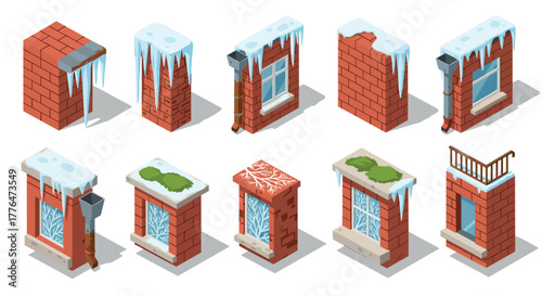 Isometric winter brick wall set featuring frosty windows and icicles