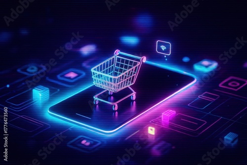 Glowing 3D shopping cart appears over a digital grid, symbol of online retail, fintech and omnichannel commerce.