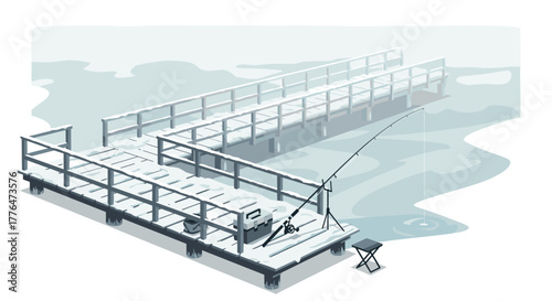 Winter fishing scene snowcovered pier