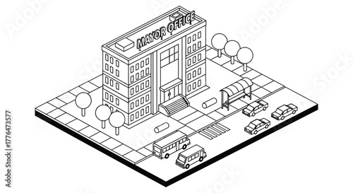 Isometric mayor office building cartoon city street illustration editable vector