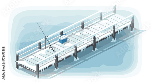 Isometric winter pier scene with ice fishing equipment on a snowcovered dock