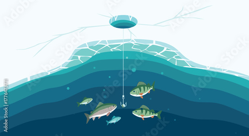 Underwater icy fishing scene with fish beneath frozen water surface