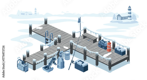 Winter fishing pier scene with ice and fishing gear next to lighthouse