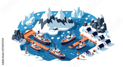 Isometric arctic village harbor with fishing boats and snowy mountains