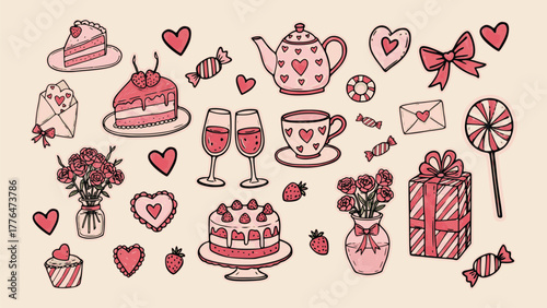 Valentine's Day themed illustration with sweets, drinks, and gifts.