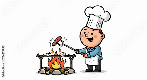 Chef grilling sausages over campfire for outdoor cooking