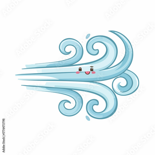 Whimsical wind gust character blowing with happy expression, a fun meteorological icon perfect for weather forecasts and educational materials