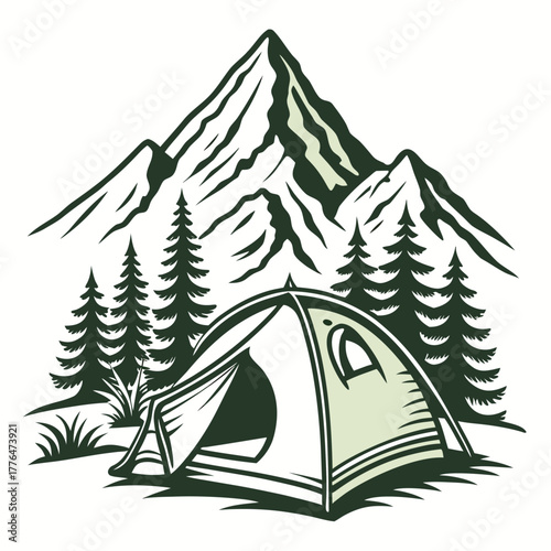 Camping tent in forest with mountains nature adventure vector