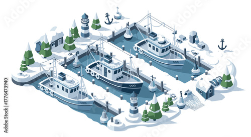 Isometric winter harbor scene with fishing boats and snowcovered landscape