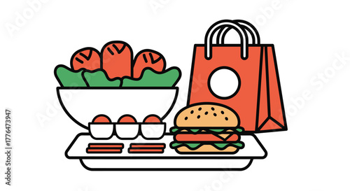 Order food online delivery burger salad fast food restaurant service editable vector