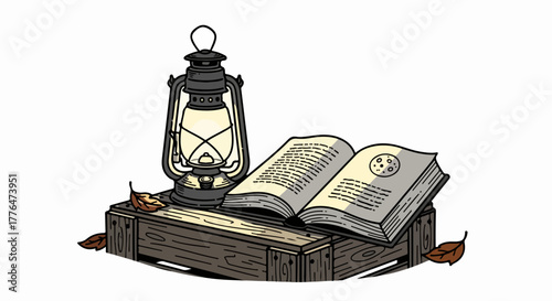 Lantern and book on wooden crate with autumn leaves