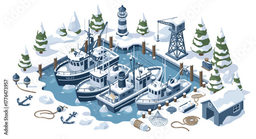 Snowy harbor scene with fishing boats and lighthouse in winter wonderland