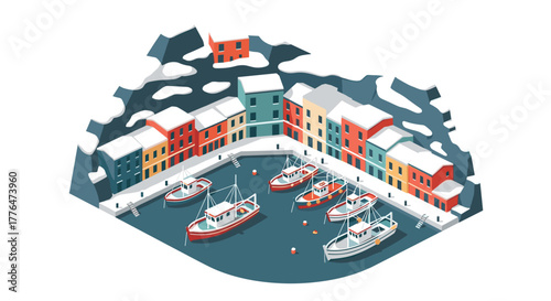 Charming isometric coastal village with boats and colorful buildings