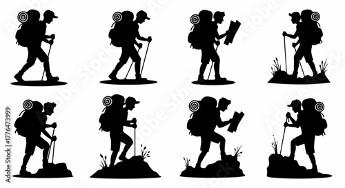 Hikers silhouettes with backpacks and trekking poles