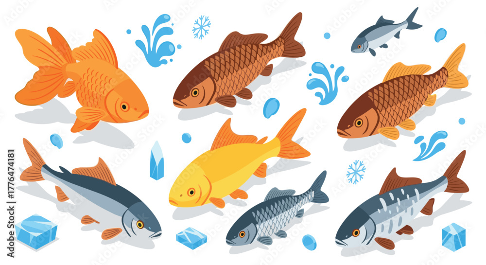 Naklejka premium Vibrant collection of fish with ice and water elements in isometric style