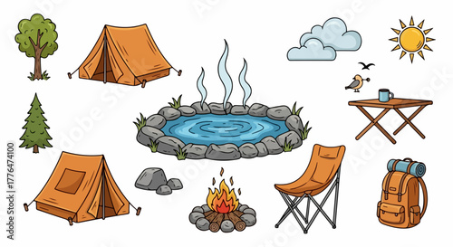 Camping scene with tent, fire, lake and outdoor gear