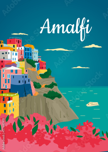 Illustrazione vettoriale di Amalfi, splendido paesaggio rappresentante uno dei luoghi più iconici della costiera Amalfitana. L’immagine raffigura le caratteristiche case colorate affacciate sul mare