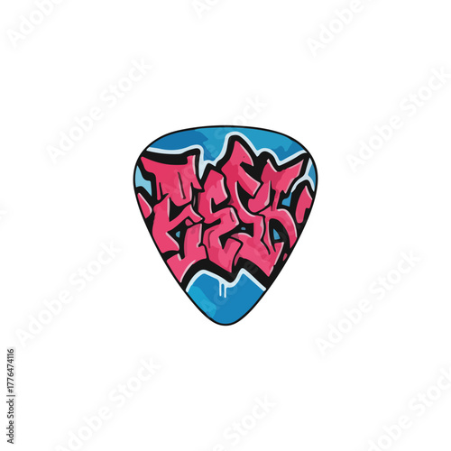 A guitar pick with graffiti-style lettering in pink and black on a light blue background.