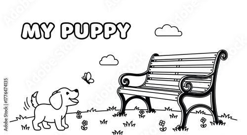 Puppy coloring page printable cute dog bench park scene activity editable vector