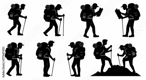 Hikers silhouettes in various poses with trekking poles