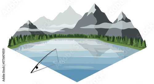 Tranquil fishing scene with majestic mountains and serene lake in abstract style