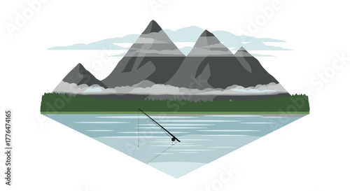 Tranquil lake fishing in front of majestic mountain landscape