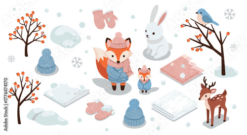 Winter forest animals in knitted clothes amid snowy trees and scarf