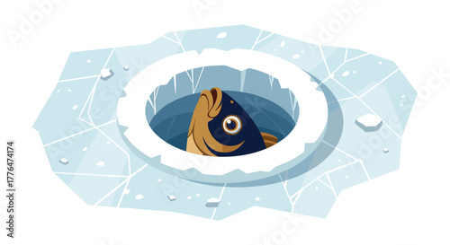 Curious fish peeking through ice hole in winter wonderland scene